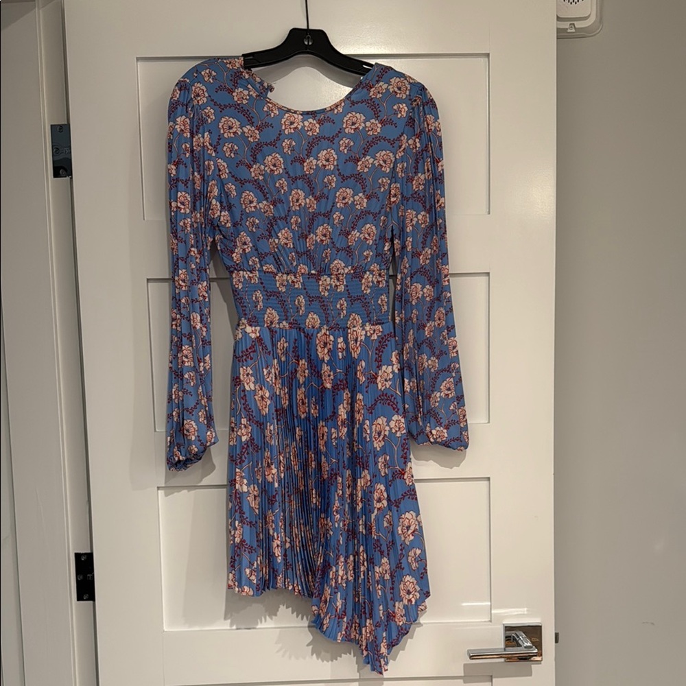Blue and Pink Asymmetrical Tiered Dress with Bishop Sleeves